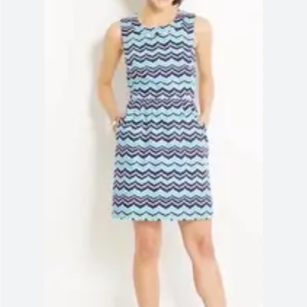Vineyard Vines dress aqua navy blue & white wavey stripes sleeveless dress sz 10
